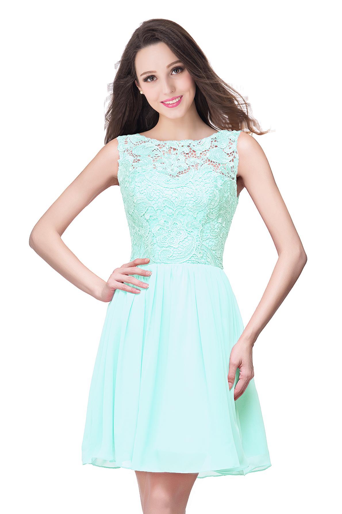 Simple Crew Neck Off The Shoulder Lace Chiffon Mini Homecoming Dress