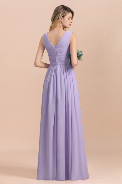 Lilac V-neck A-Line Evening Dress Sleeveless Chiffon Wide Straps Bridesmaid Dress
