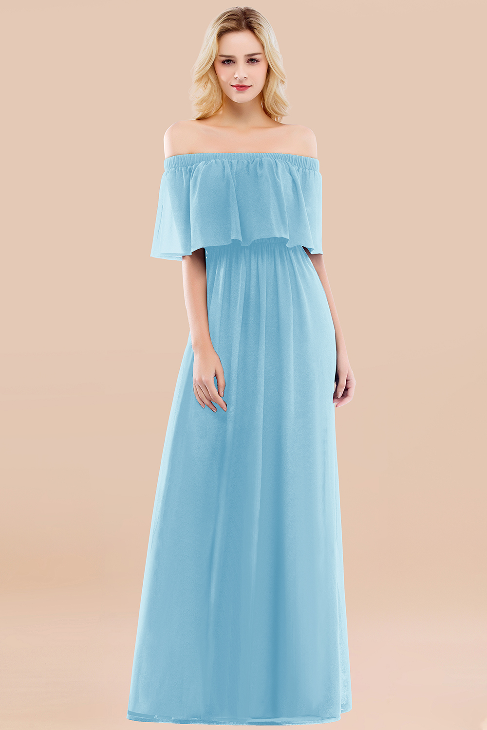 A-line Chiffon Off-the-Shoulder Short-Sleeves Ruffles Floor-length Bridesmaid Dress