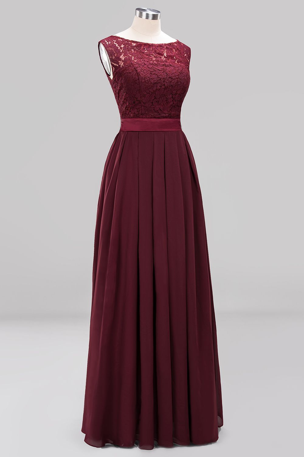 A-line Chiffon Lace Jewel Sleeveless Ruffles Floor-length Bridesmaid Dress