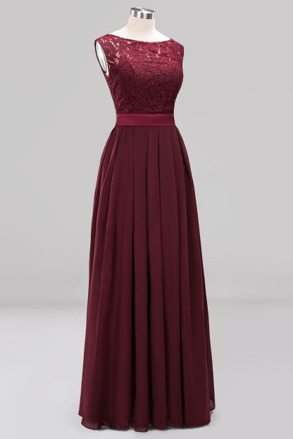 A-line Chiffon Lace Jewel Sleeveless Ruffles Floor-length Bridesmaid Dress