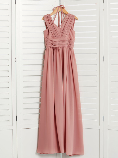 Long A-Line V Neck Chiffon Junior Bridesmaid Dress