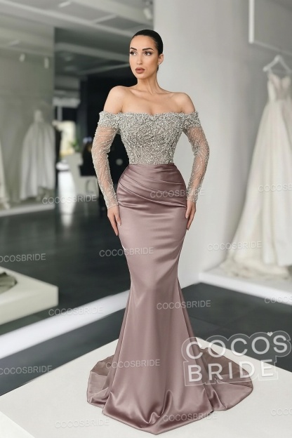 Long Mermaid Off the Shoulder Satin Prom Dress with Sleeves