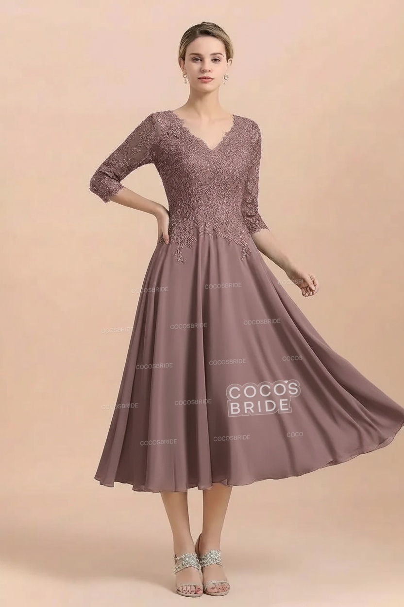 A-Line V-Neck 3/4 Sleeves Chiffon Short Mother Of The Bride Dresses With Lace