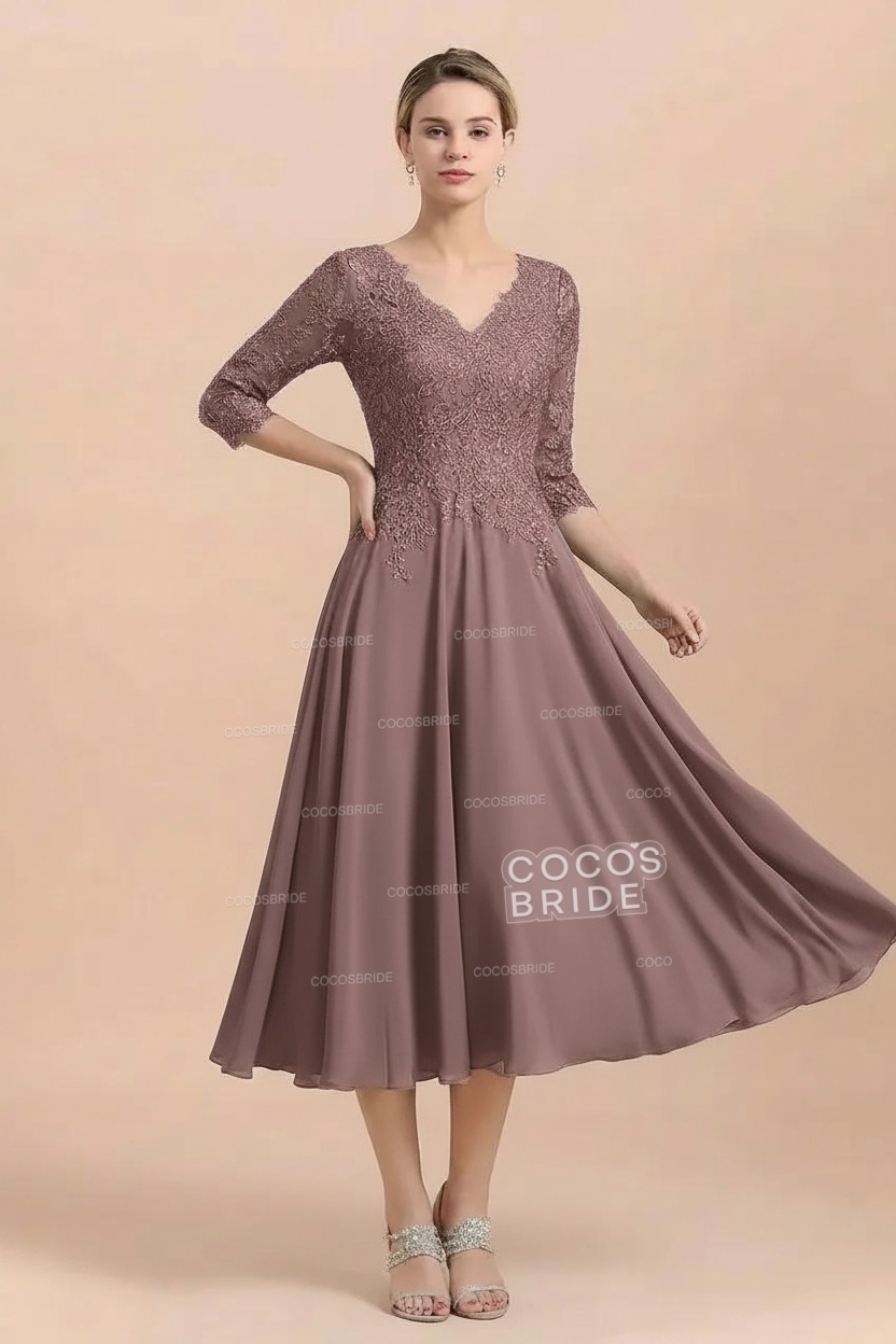 A-Line V-Neck 3/4 Sleeves Chiffon Short Mother Of The Bride Dresses With Lace