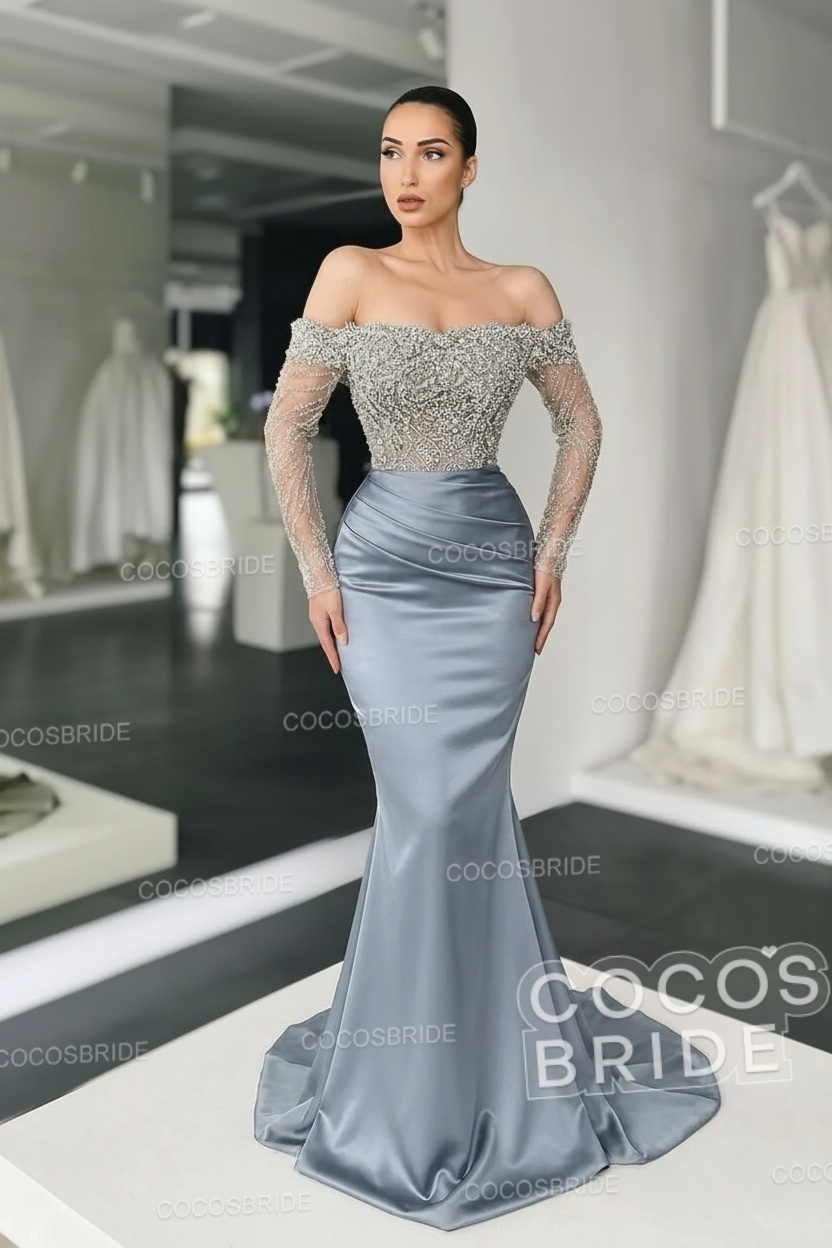 Long Mermaid Off the Shoulder Satin Prom Dress with Sleeves
