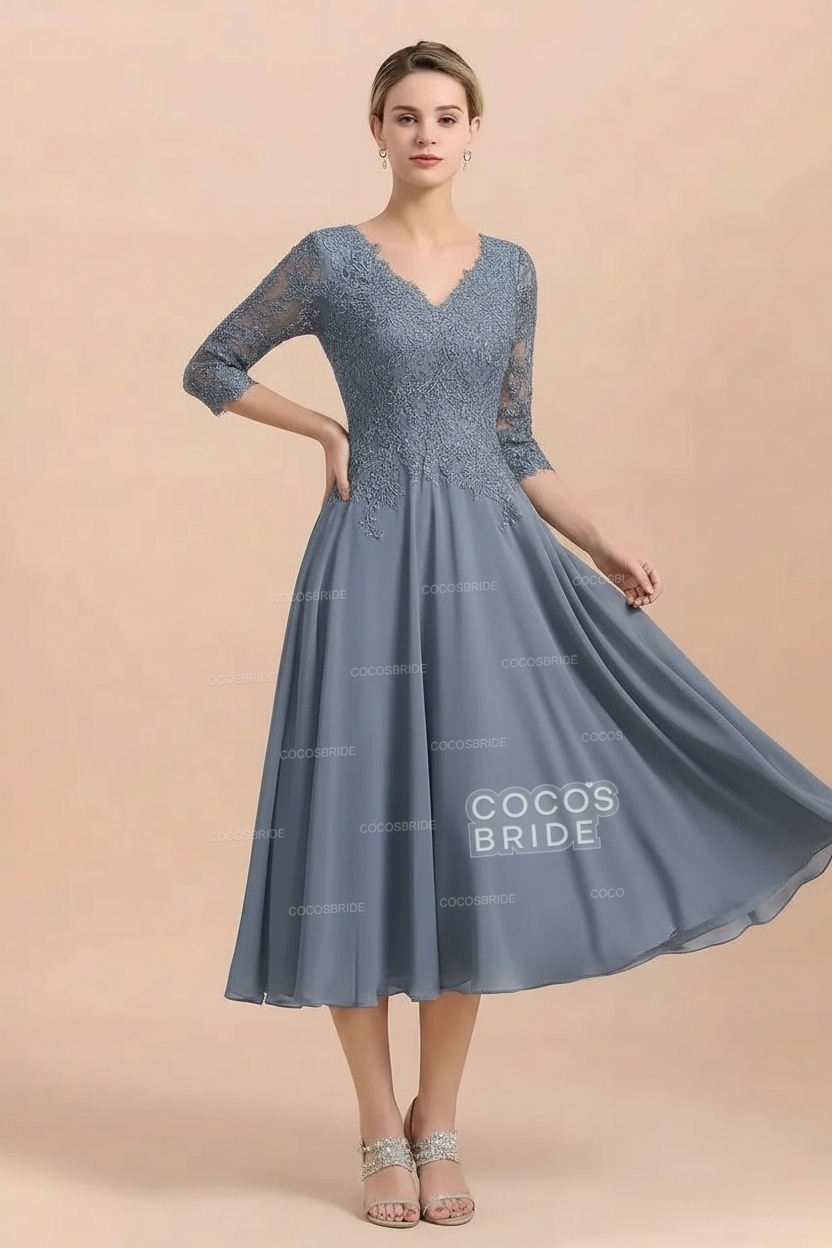 A-Line V-Neck 3/4 Sleeves Chiffon Short Mother Of The Bride Dresses With Lace