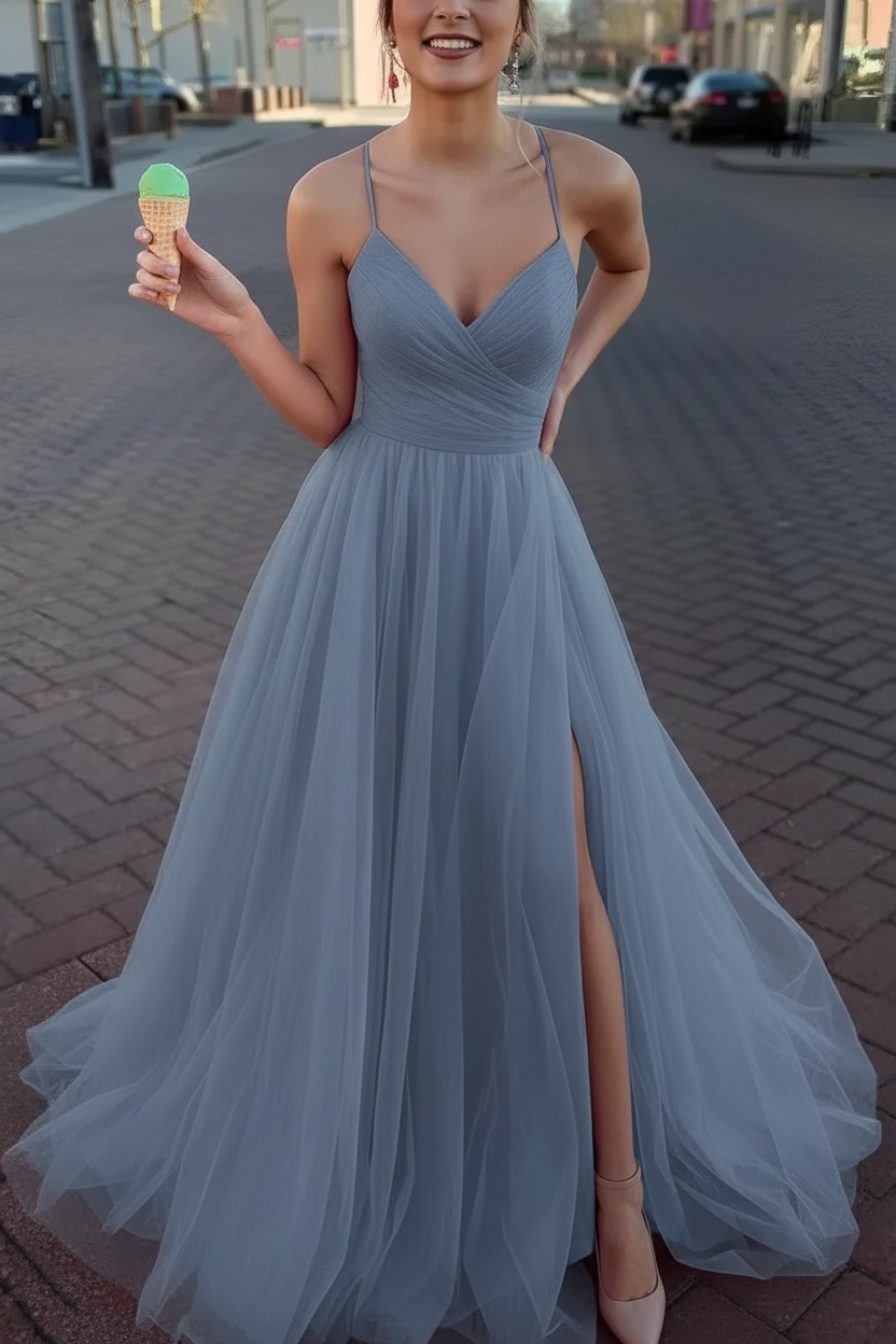 Long Spaghetti Straps V-neck A-Line Tulle Prom Dress With Side Slit