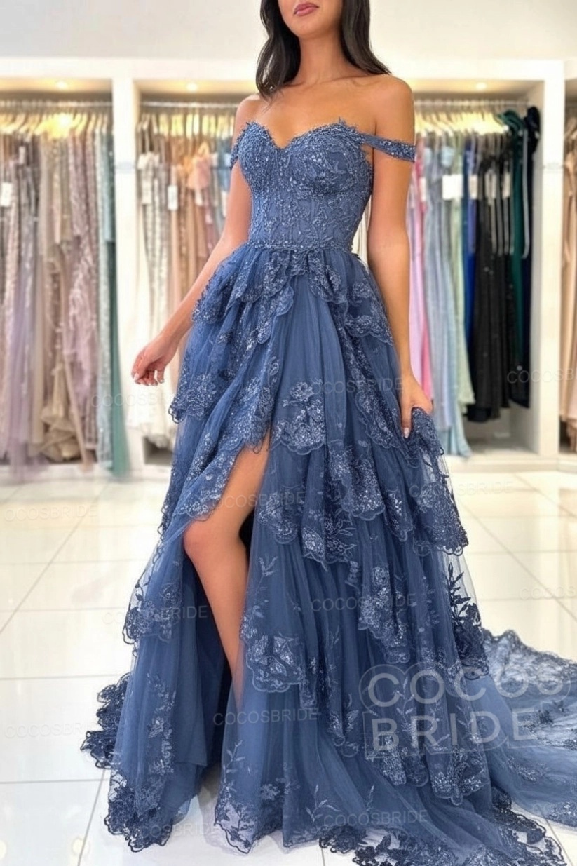 Off The Shoulder Sweetheart Lace A-Line Long Prom Dress with Slit