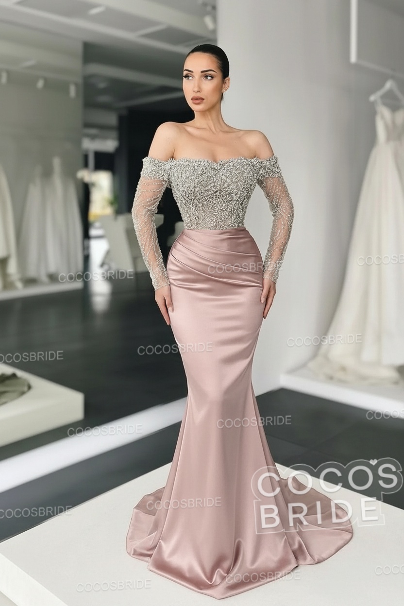 Long Mermaid Off the Shoulder Satin Prom Dress with Sleeves
