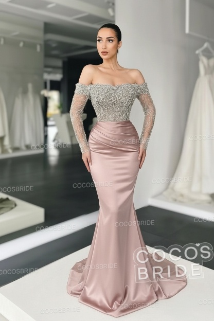 Long Mermaid Off the Shoulder Satin Prom Dress with Sleeves