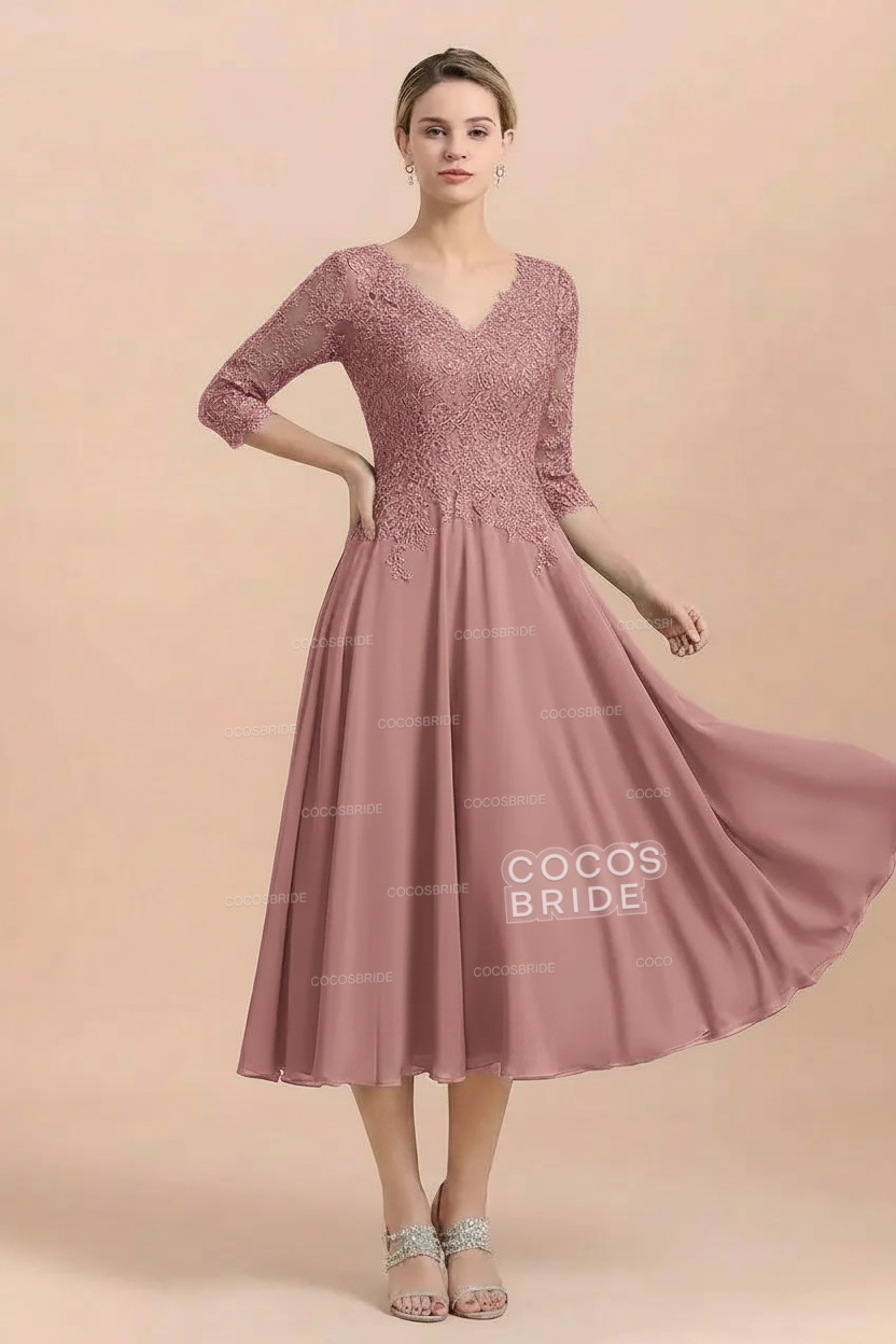 A-Line V-Neck 3/4 Sleeves Chiffon Short Mother Of The Bride Dresses With Lace