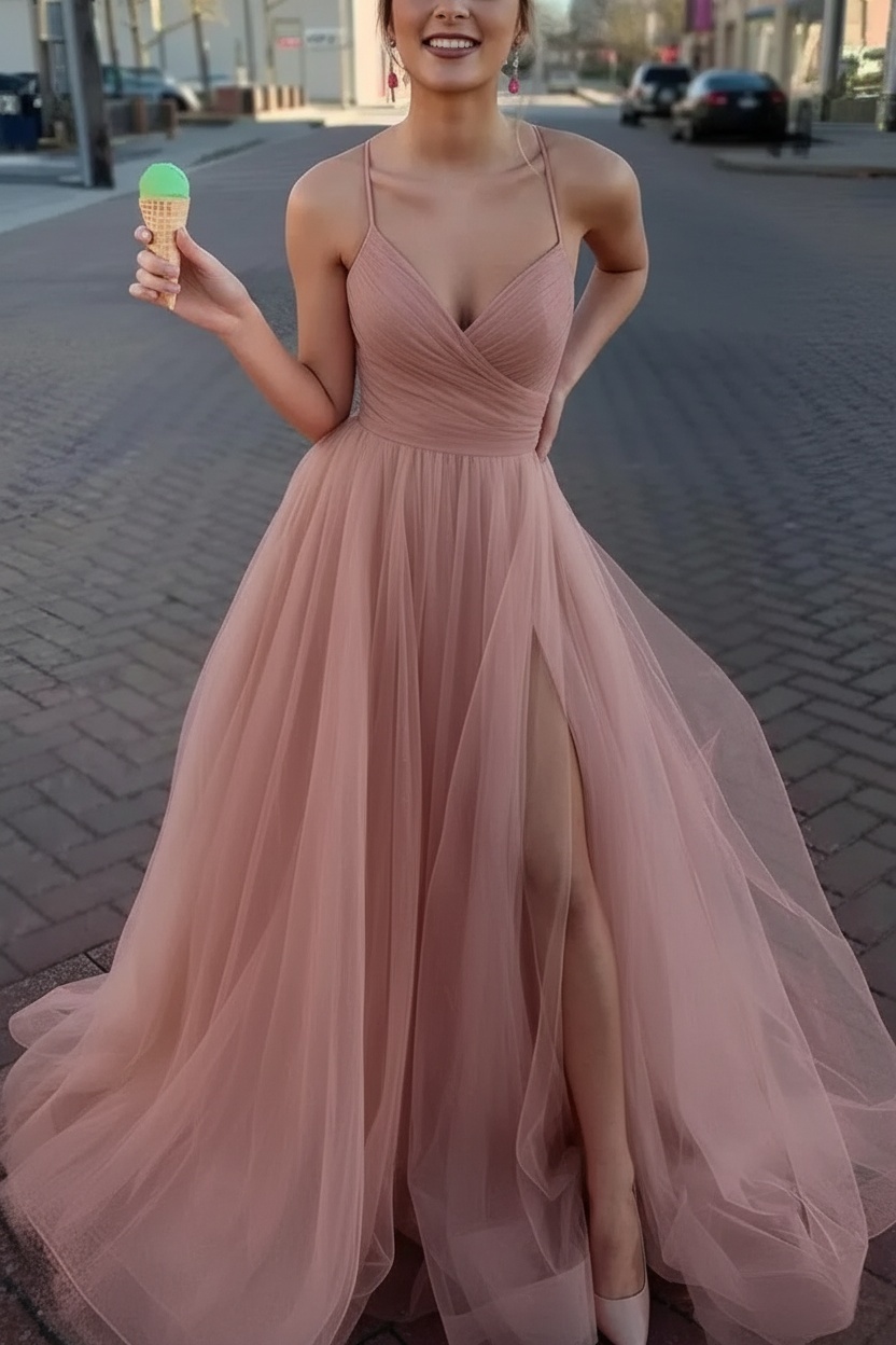 Long Spaghetti Straps V-neck A-Line Tulle Prom Dress With Side Slit