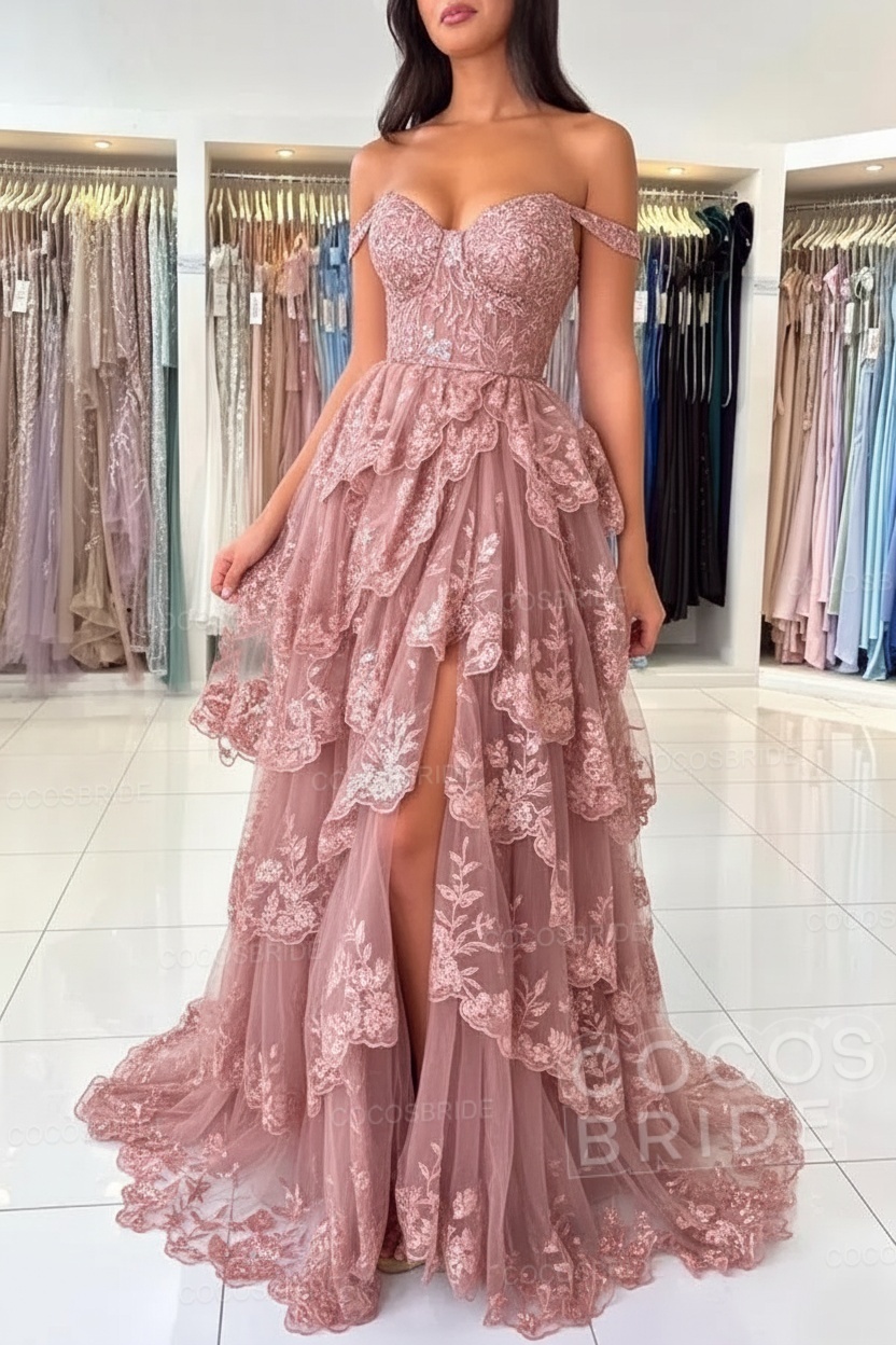 Off The Shoulder Sweetheart Lace A-Line Long Prom Dress with Slit