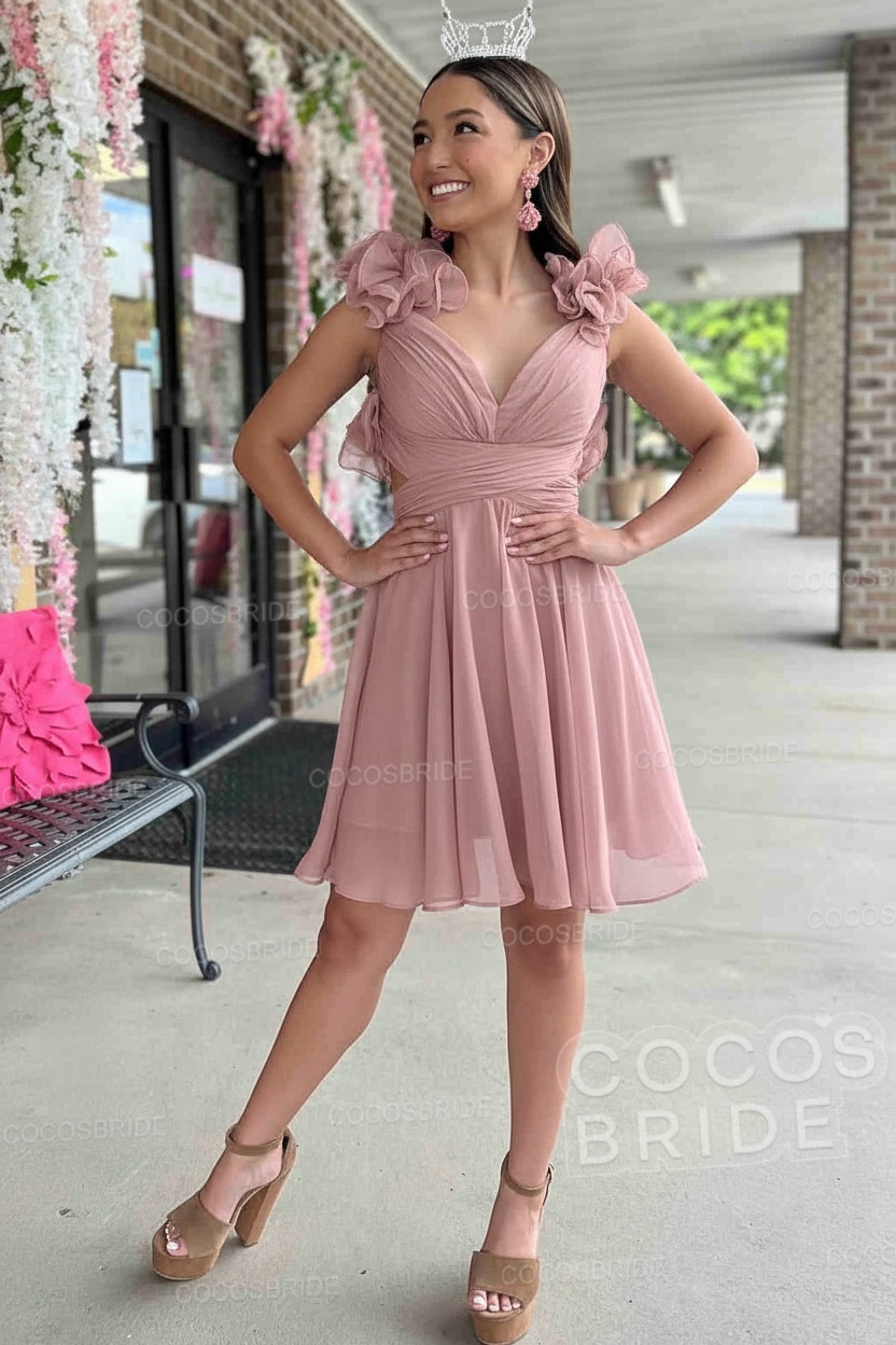 V-Neck Sky Blue Short Chiffon A-Line Party Dress