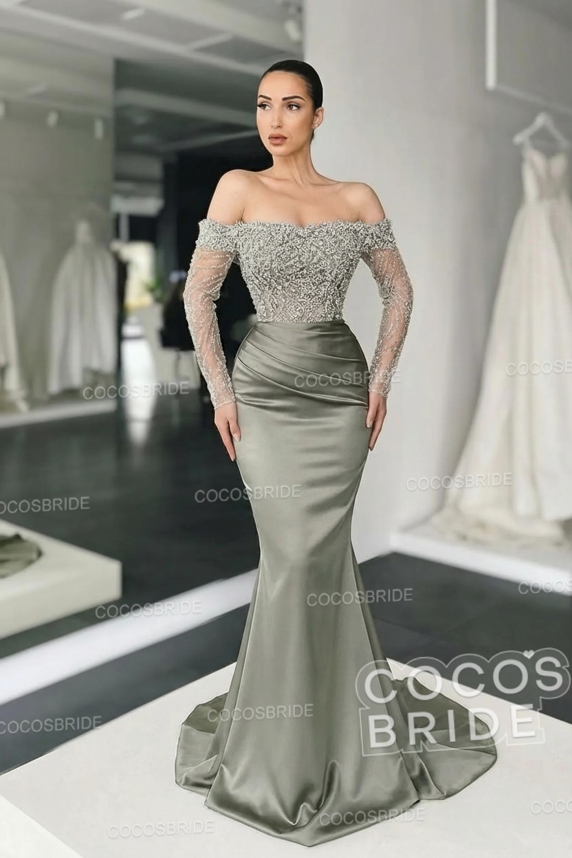 Long Mermaid Off the Shoulder Satin Prom Dress with Sleeves