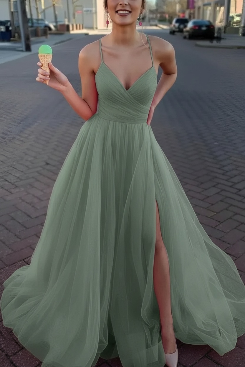 Long Spaghetti Straps V-neck A-Line Tulle Prom Dress With Side Slit