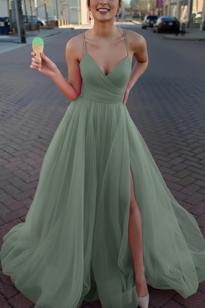 Long Spaghetti Straps V-neck A-Line Tulle Prom Dress With Side Slit