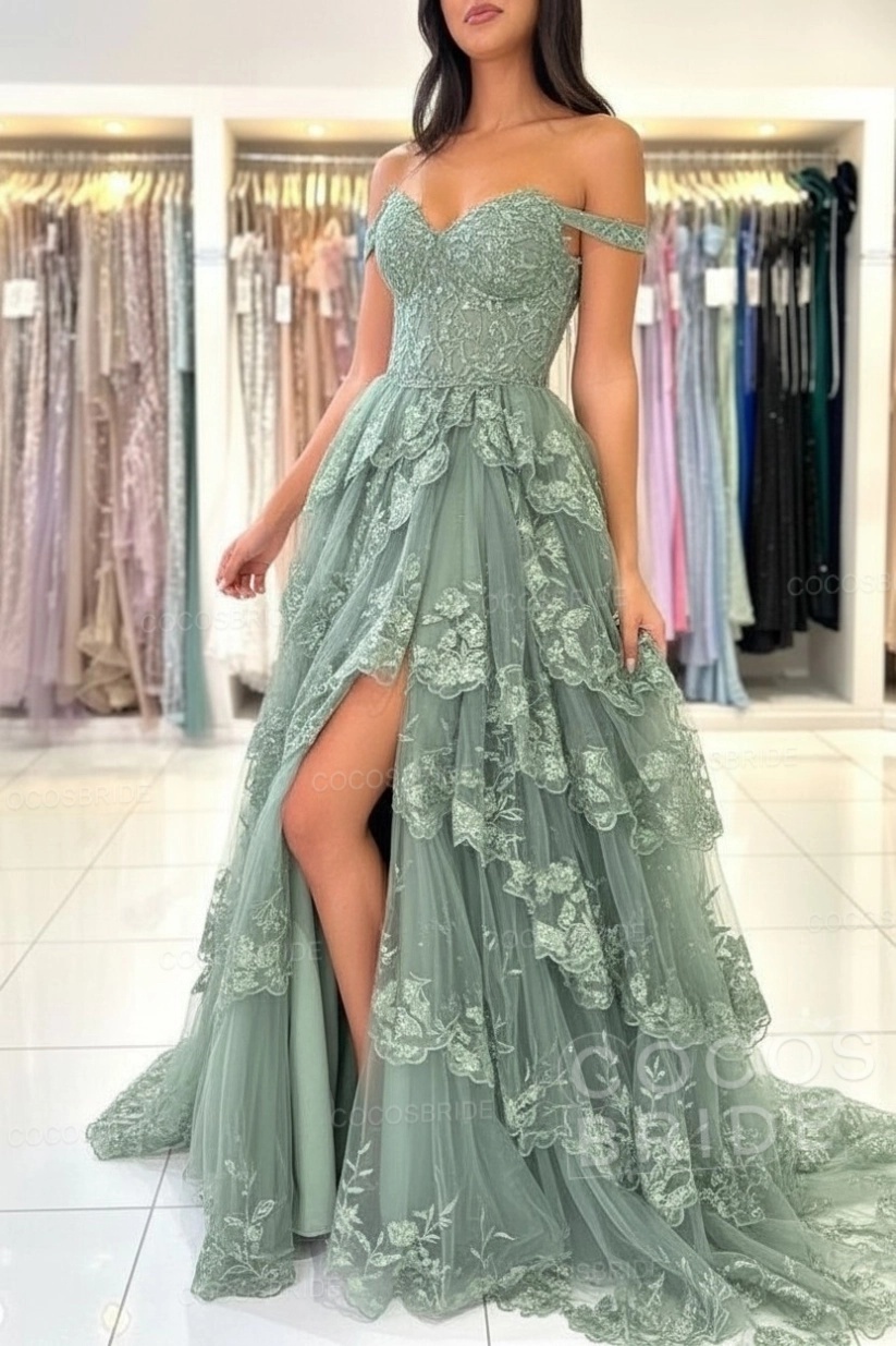 Off The Shoulder Sweetheart Lace A-Line Long Prom Dress with Slit