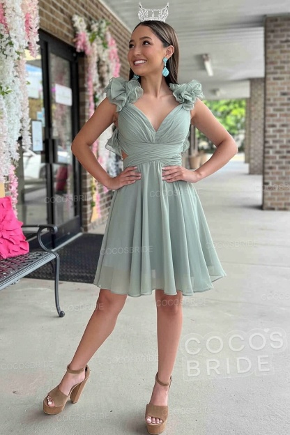 V-Neck Sky Blue Short Chiffon A-Line Party Dress