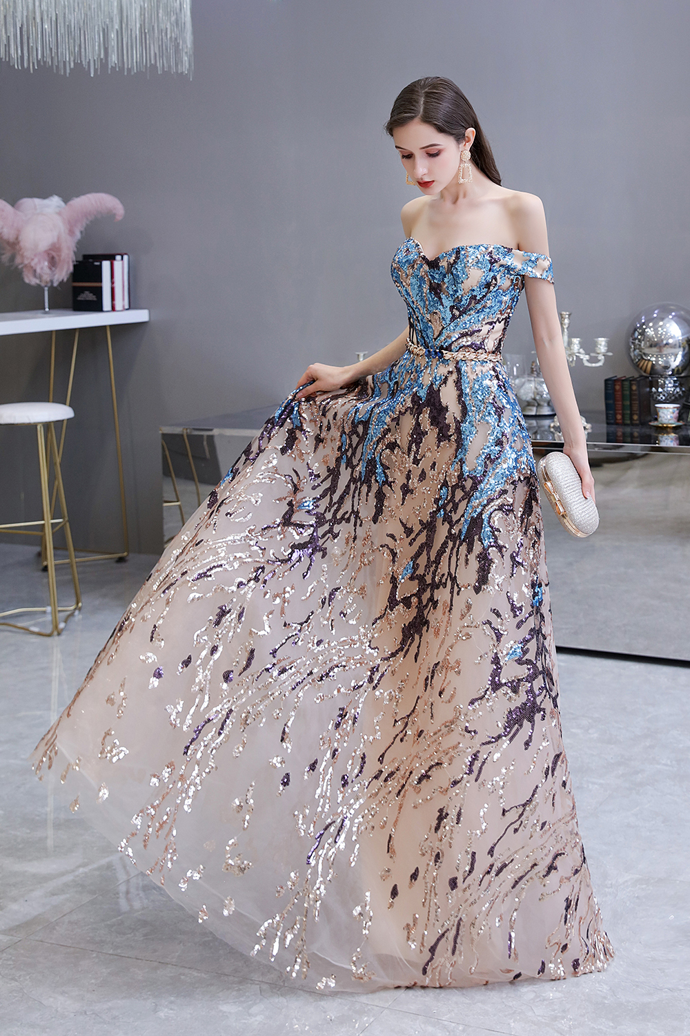 Elegant Multi-Color Long A-line Off the Shoulder Sequins Prom Dresses