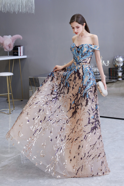 Elegant Multi-Color Long A-line Off the Shoulder Sequins Prom Dresses