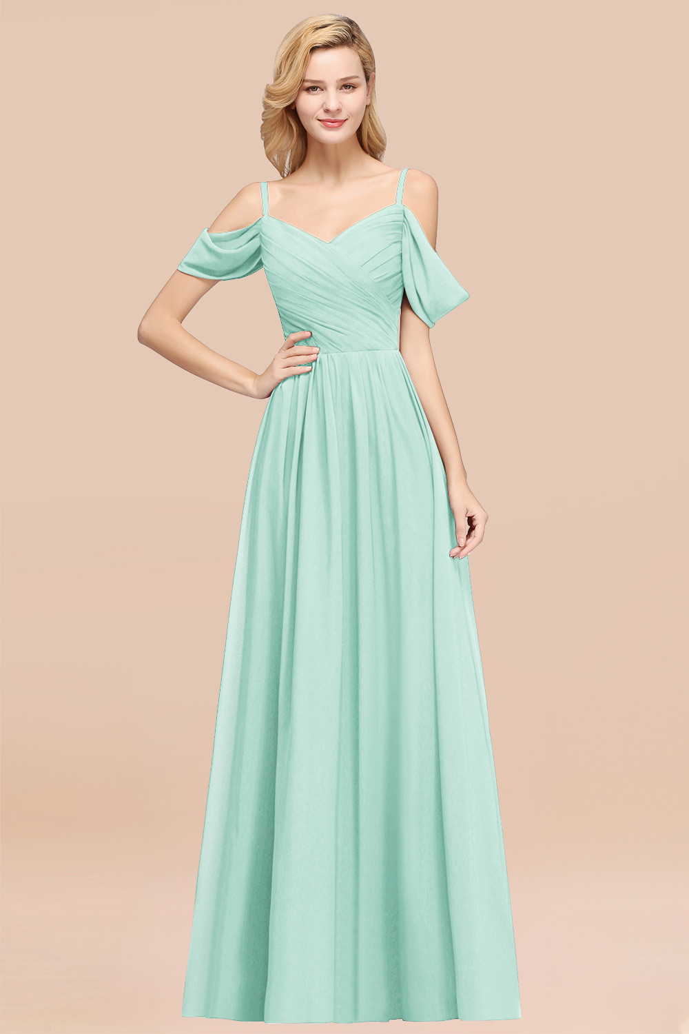 A-Line Chiffon V-Neck Spaghetti Straps Short-Sleeves Floor-Length Bridesmaid Dresses with Ruffles