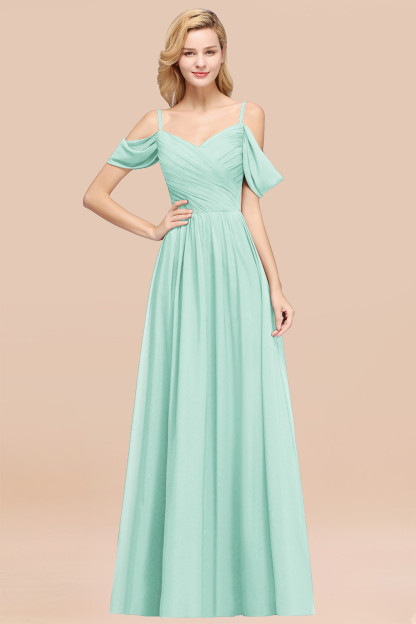 A-Line Chiffon V-Neck Spaghetti Straps Short-Sleeves Floor-Length Bridesmaid Dresses with Ruffles
