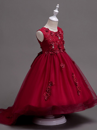 White Ball Gown Knee Length Tulle Appliques Lace Flower Girl Dress