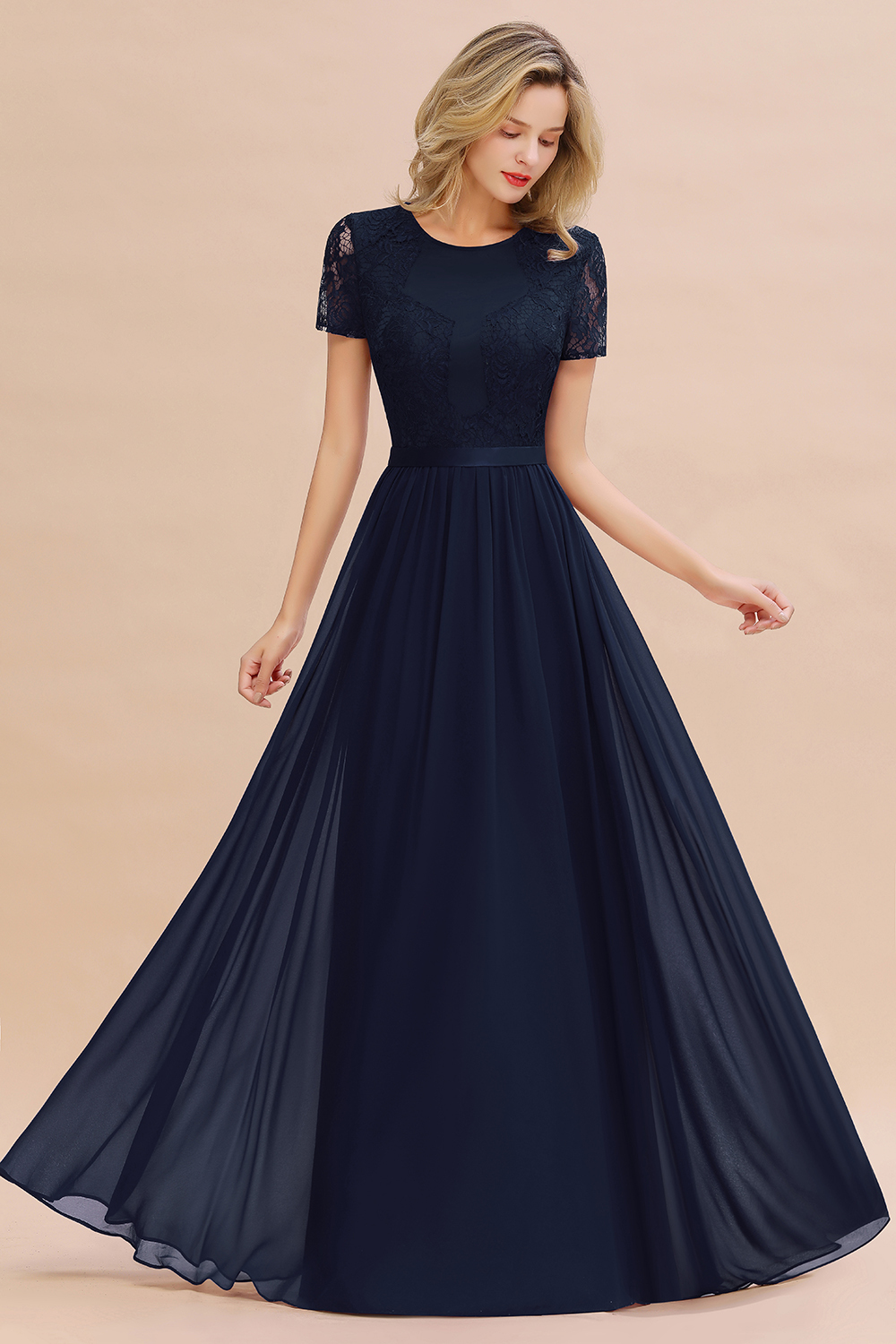 Chiffon Lace Scoop Short Sleeve Bridesmaid Dress