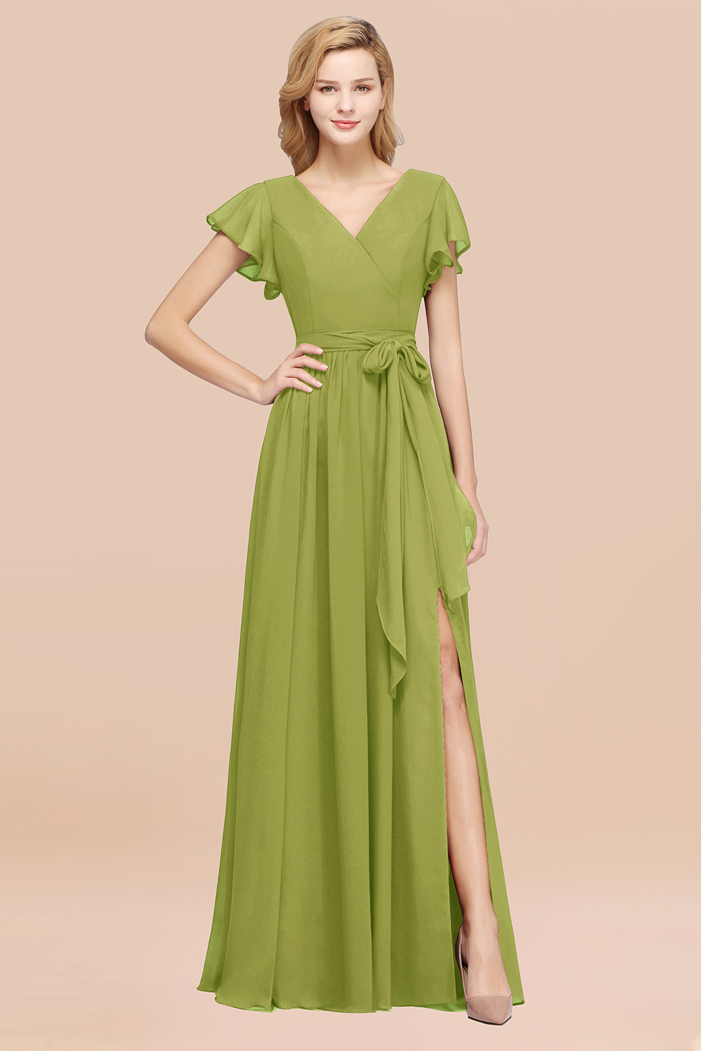 elegant A-line Chiffon V-Neck Short-Sleeves Floor-Length Bridesmaid Dresses with Bow Sash