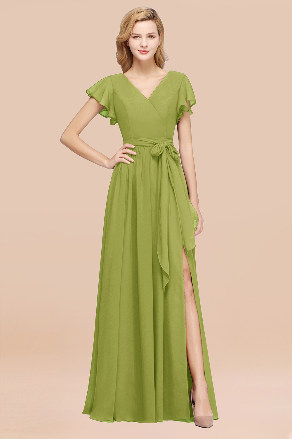 elegant A-line Chiffon V-Neck Short-Sleeves Floor-Length Bridesmaid Dresses with Bow Sash