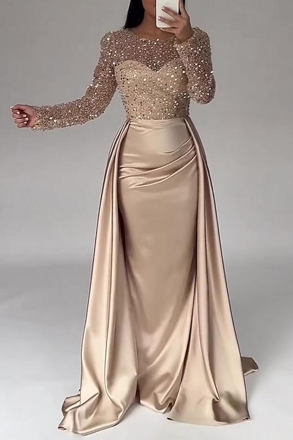 Elegant Long Mermaid Satin Sequined Formal Evening Dresses with Sleeves