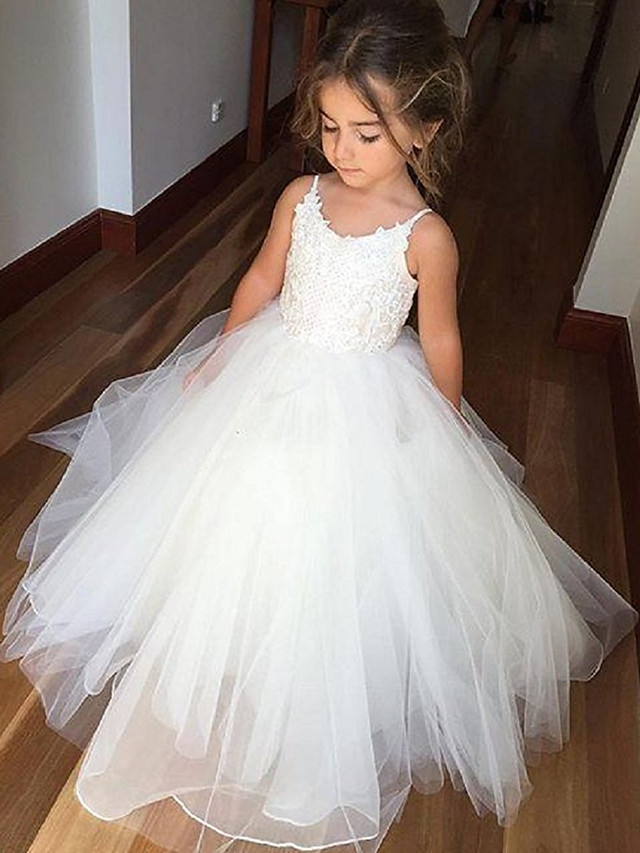 Princess Long Length Wedding / Birthday / Pageant Flower Girl Dresses - Tulle / Cotton Sleeveless Jewel Neck With Lace / Appliques