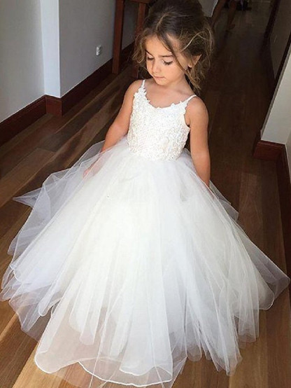 Princess Long Length Wedding / Birthday / Pageant Flower Girl Dresses - Tulle / Cotton Sleeveless Jewel Neck With Lace / Appliques