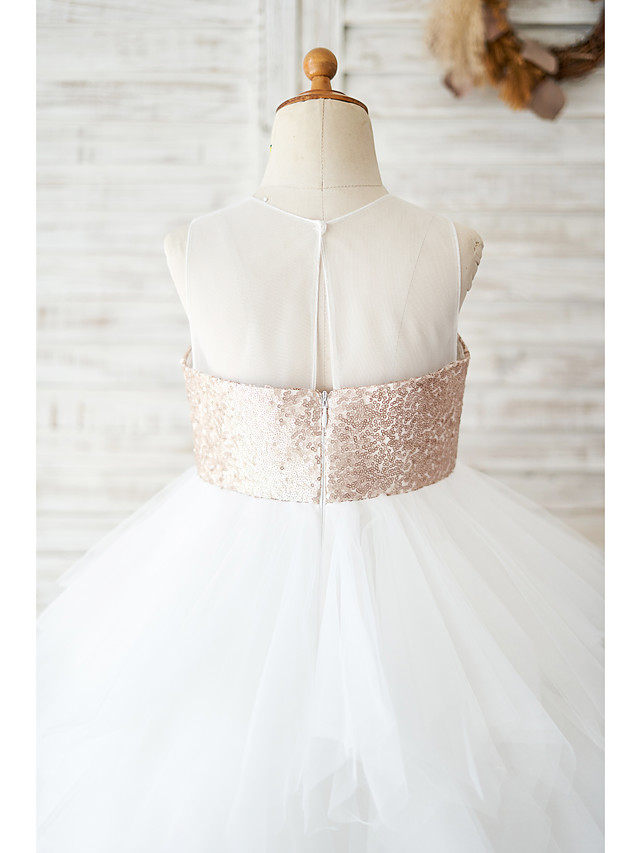 Ball Gown Knee Length Wedding / Birthday Flower Girl Dresses - Tulle / Sequined Sleeveless Jewel Neck With Tiered