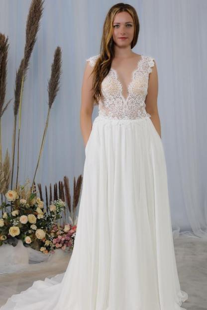 Elegant Long V-neck Wide Straps Backless Appliques Lace Chiffon Wedding Dress