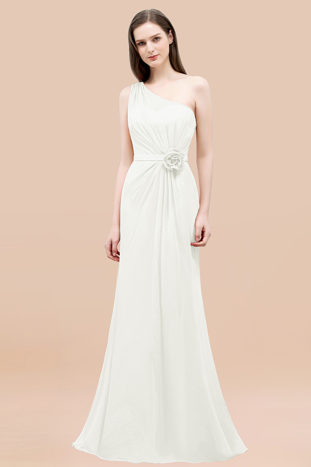Mermaid Chiffon One-shoulder Sleeveless Ruffled Floor-Length Bridesmaid Dresses with Flower