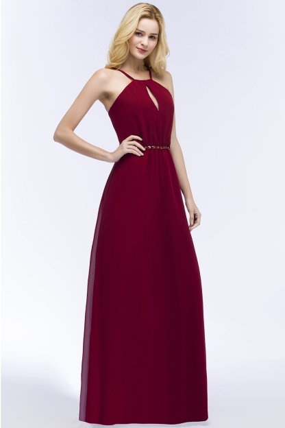 Simple A-Line Chiffon Spaghetti Straps Sleeveless Floor-Length Bridesmaid Dresses with Beading Sash