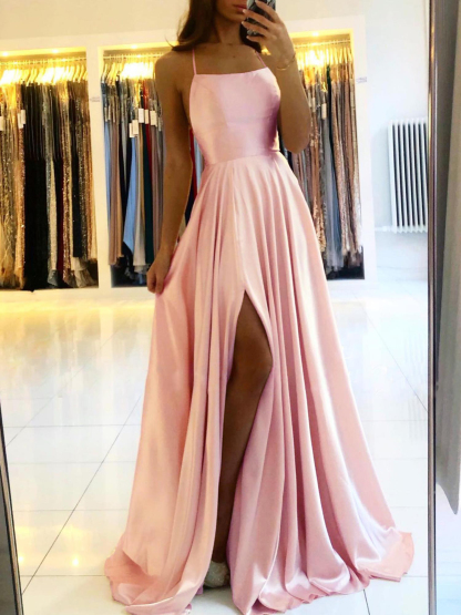 Sage A-line Spaghetti Straps Satin Open Back Long Prom Dress with Side Slit