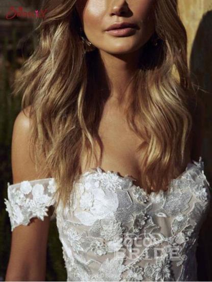 Gorgeous Long Off the Shoulder Open Back Appliques Tulle A-line Wedding Dresses