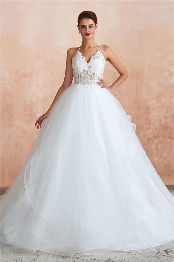 Long Ball Gown Halter Open Back Appliques Tulle Wedding Dress