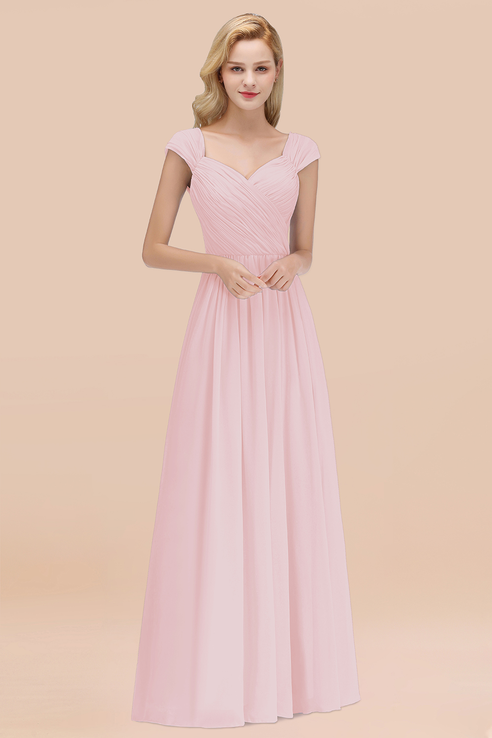 A-Line Chiffon Straps Sweetheart Sleeveless Floor-Length Bridesmaid Dress with Ruffles