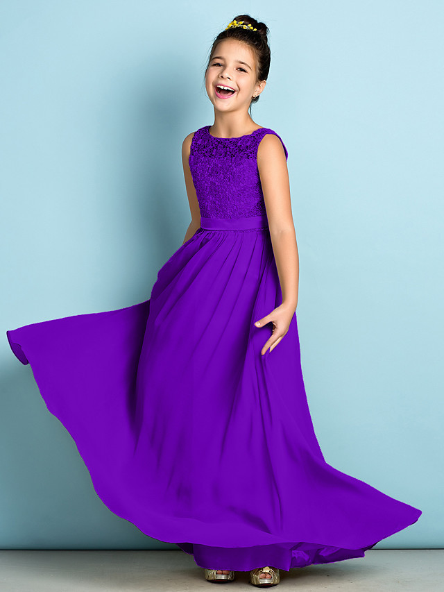 A-Line Scoop Neck Floor Length Chiffon / Lace Junior Bridesmaid Dress With Lace / Natural / Mini Me