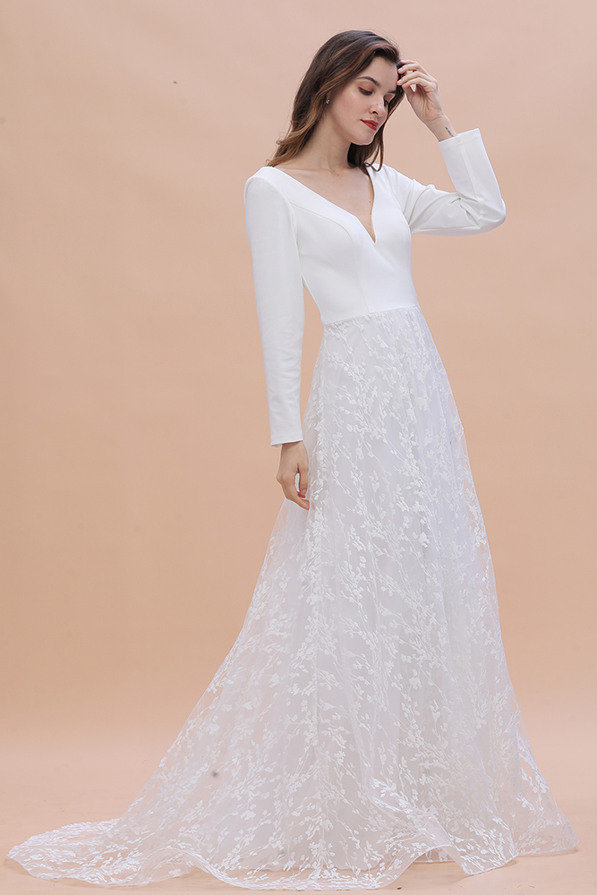 Long Sleeve V-neck Satin Backless Lace A-line Wedding Dress