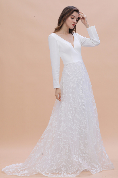 Long Sleeve V-neck Satin Backless Lace A-line Wedding Dress
