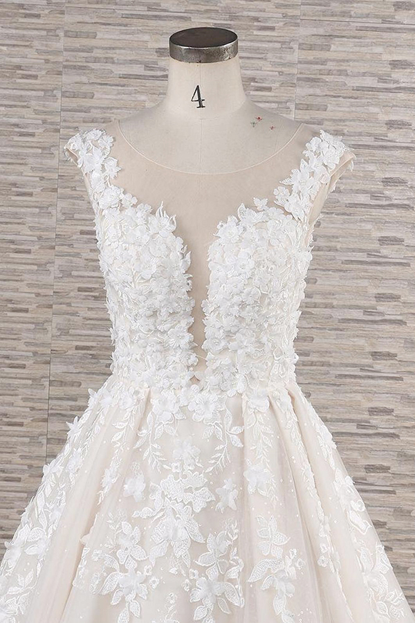 Elegant Plus Size Long Lace Appliques Tulle A-line Wedding Dress