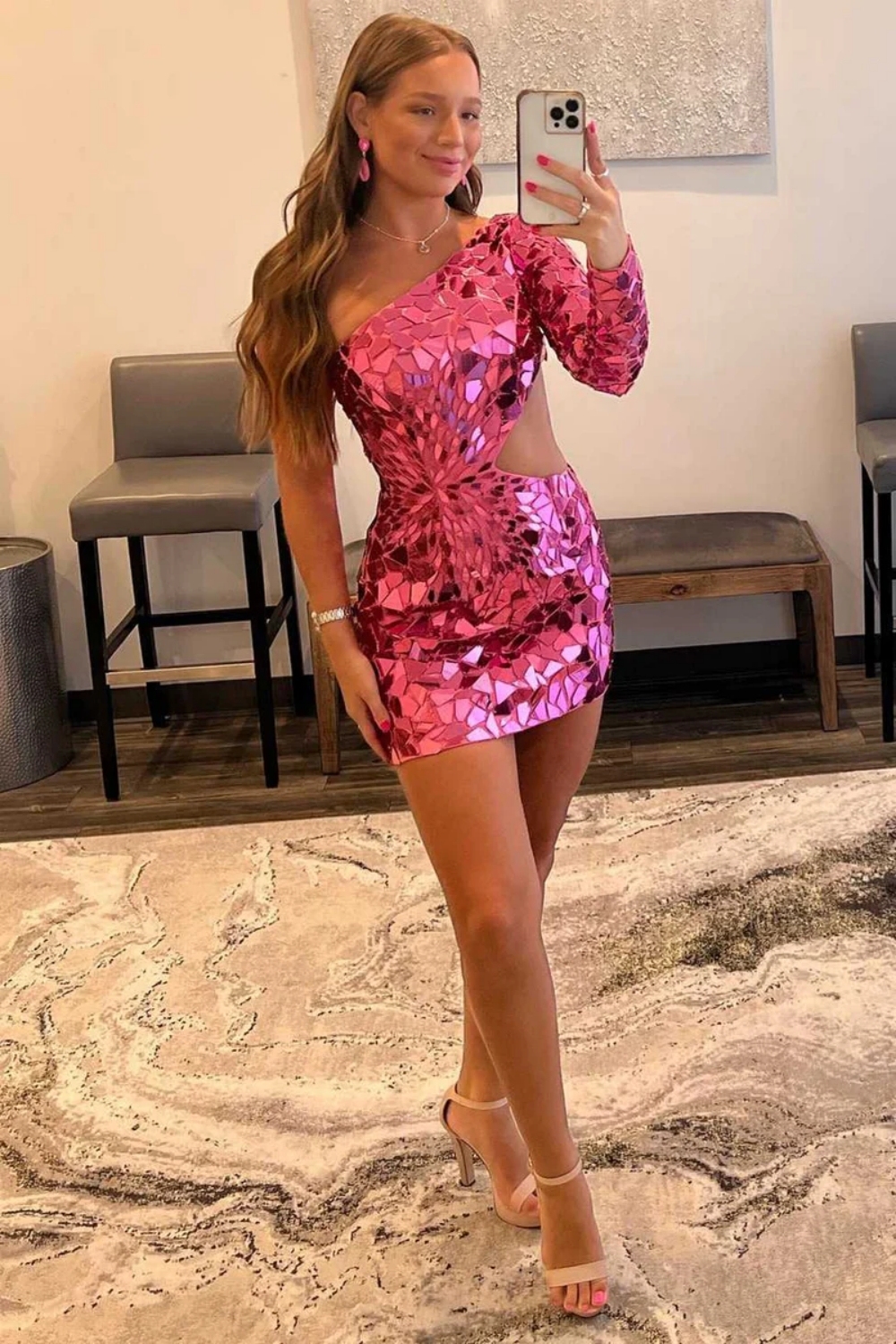 Sparkly Short One Shoulder Long Sleeve Satin Mermaid Prom Dress