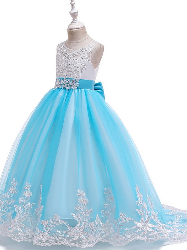 Long Ball Gown Tulle Sleeveless Jewel Neck Wedding Party Flower Girl Dresses With Bow