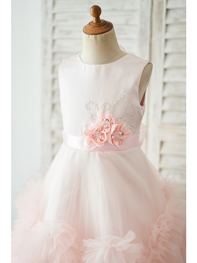 Princess / Ball Gown Floor Length Wedding / Birthday Flower Girl Dresses - Tulle Sleeveless Jewel Neck With Sash / Ribbon / Bow(S) / Flower